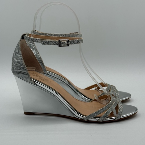 Jewel Badgley Mischka Silver Leather Sparkle Ankle Open Toe Strappy Sandal SZ 7 - Picture 3 of 16
